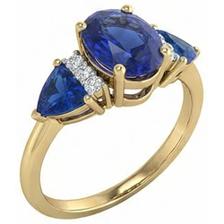 Anello Con Zaffiro Ceylon Ovale Trillion Da 4,26 Carati E Diamante Naturale Autentico ( non creato in laboratorio ) 3 Pietre