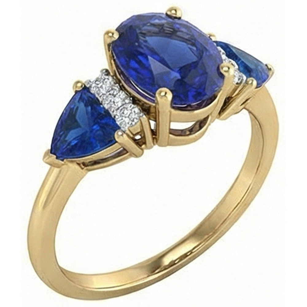 Anello Con Zaffiro Ceylon Ovale Trillion Da 4,26 Carati E Diamante Naturale Autentico ( non creato in laboratorio ) 3 Pietre