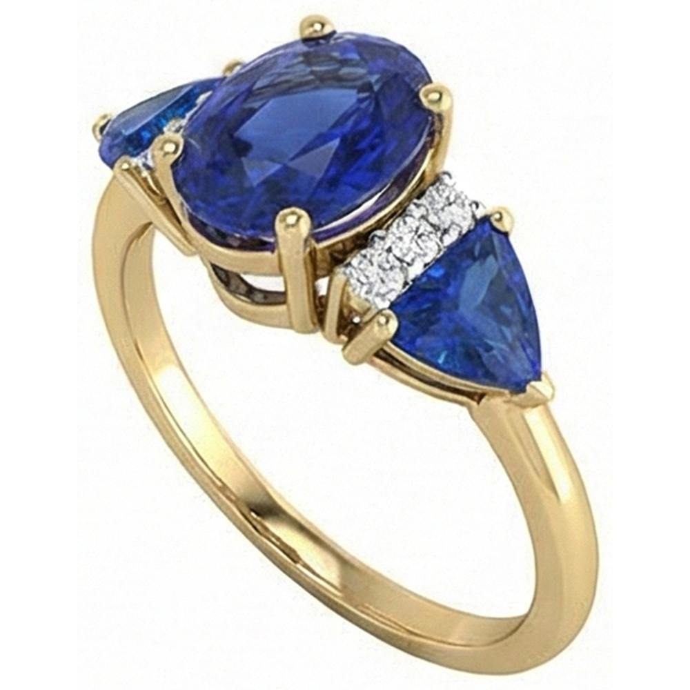 Anello Con Zaffiro Ceylon Ovale Trillion Da 4,26 Carati E Diamante Naturale Autentico ( non creato in laboratorio ) 3 Pietre