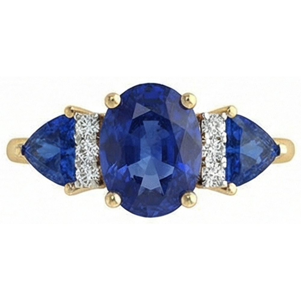 Anello Con Zaffiro Ceylon Ovale Trillion Da 4,26 Carati E Diamante Naturale Autentico ( non creato in laboratorio ) 3 Pietre