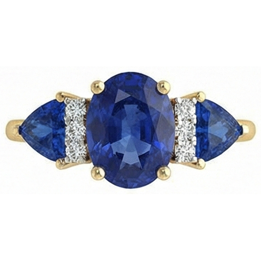 Anello Con Zaffiro Ceylon Ovale Trillion Da 4,26 Carati E Diamante Naturale Autentico ( non creato in laboratorio ) 3 Pietre