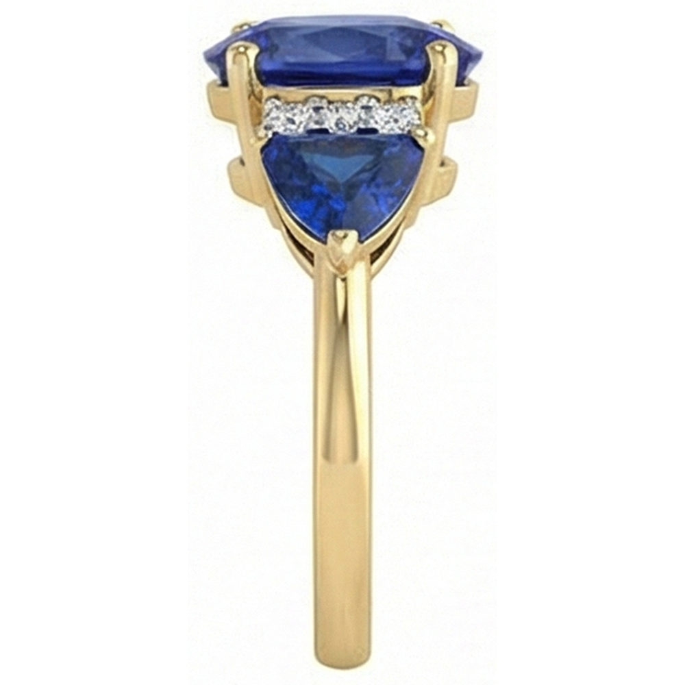 Anello Con Zaffiro Ceylon Ovale Trillion Da 4,26 Carati E Diamante Naturale Autentico ( non creato in laboratorio ) 3 Pietre