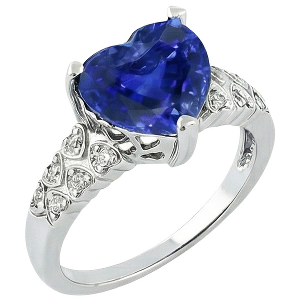 Anello Cuore Zaffiro Blu Ceylon Con Diamanti 7 Carati Oro 14K