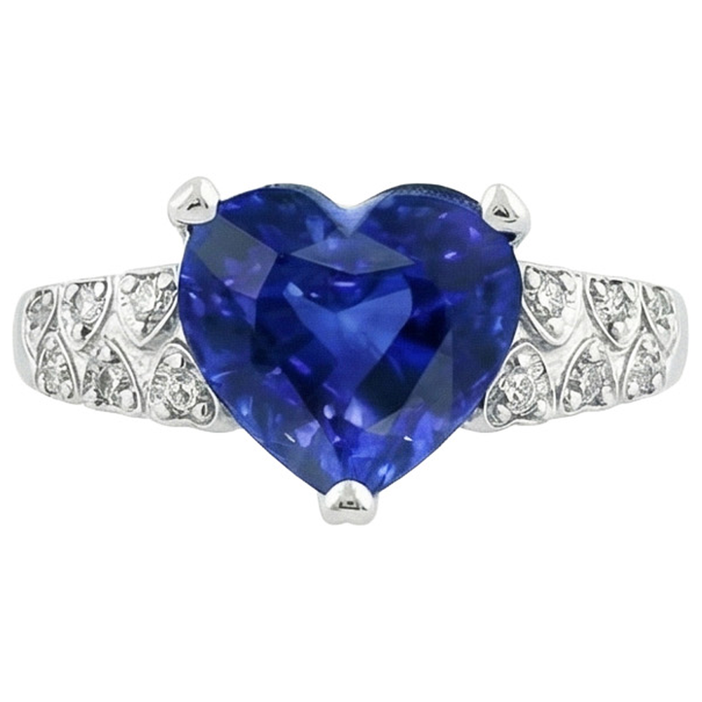 Anello Cuore Zaffiro Blu Ceylon Con Diamanti 7 Carati Oro 14K