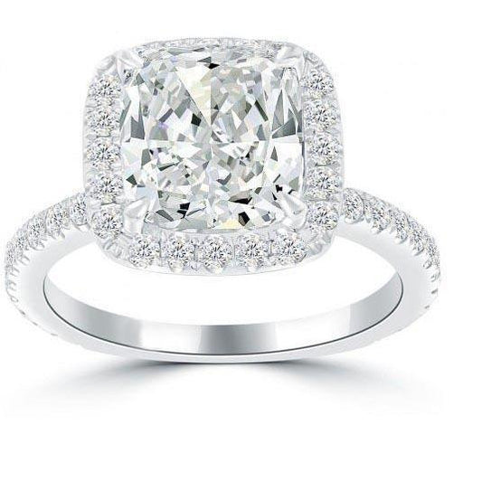 Anello Cuscino Halo Genuino Diamante 4 Carati Oro Bianco 14k