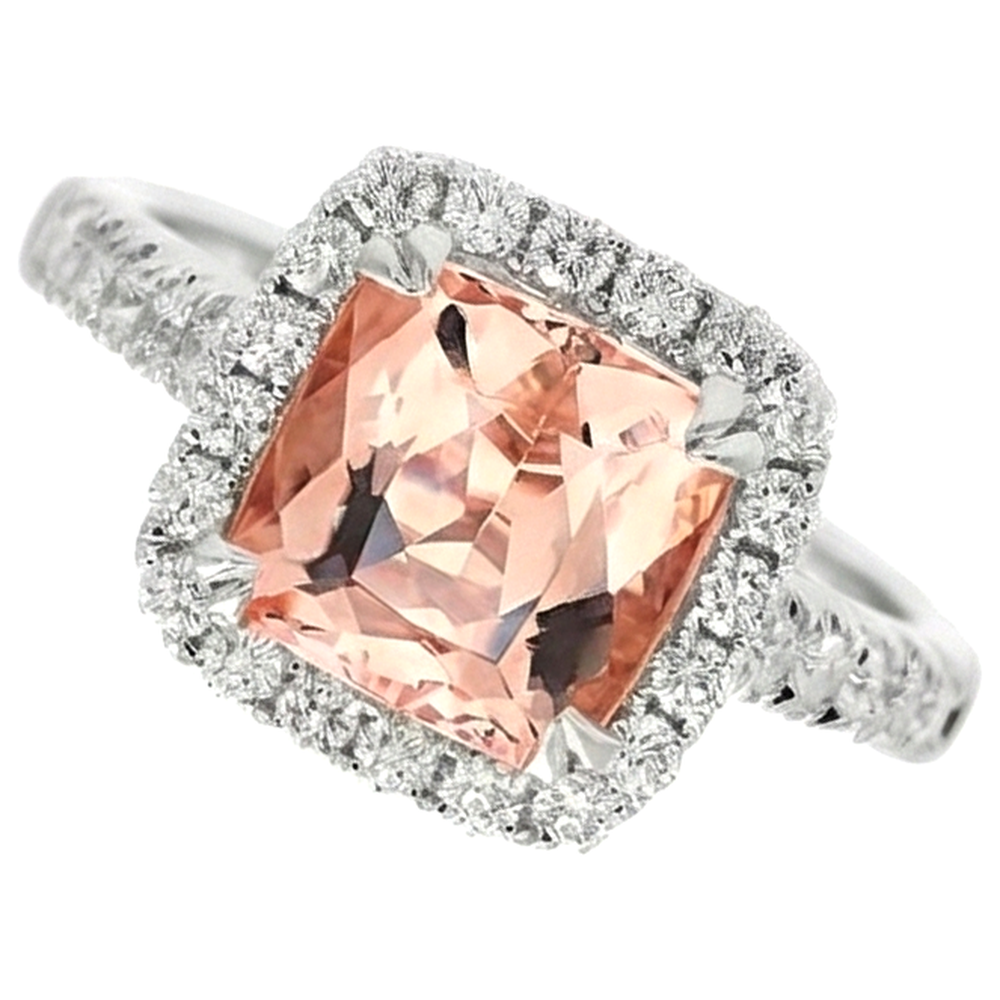 Anello Cuscino Morganite E Diamante 27 Ct Oro Bianco 14K