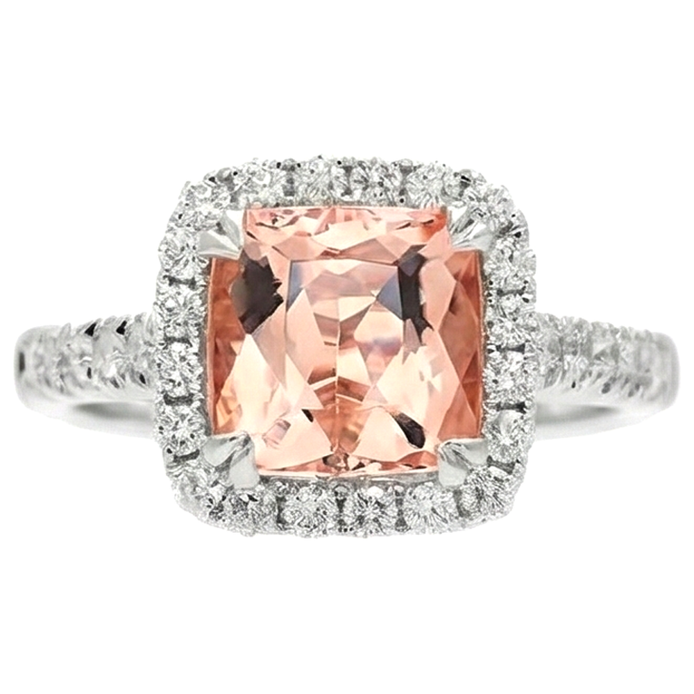Anello Cuscino Morganite E Diamante 27 Ct Oro Bianco 14K