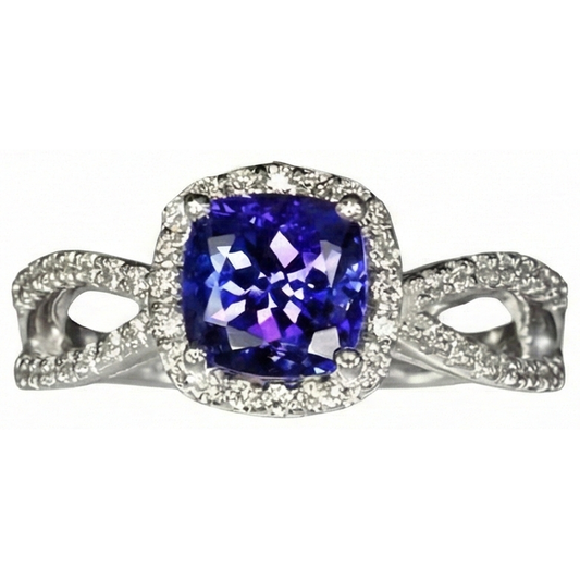 Anello Cuscino Tanzanite Blu E Diamante 5.50 Carati Oro Bianco 14K
