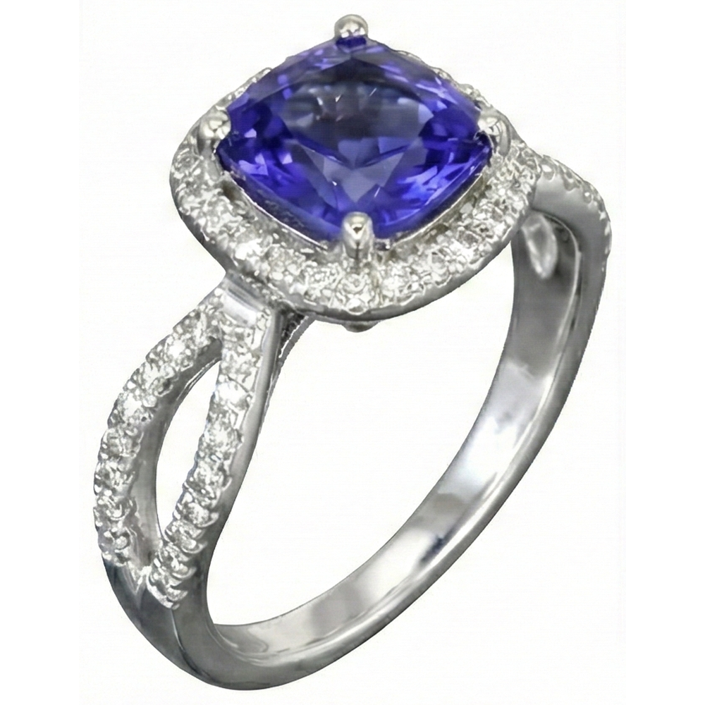 Anello Cuscino Tanzanite Blu E Diamante 5.50 Carati Oro Bianco 14K