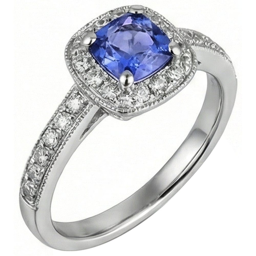 Anello Cuscino Tanzanite Diamanti Naturali Autentici ( non creati in laboratorio ) 2 Carati Halo Oro Bianco 14K