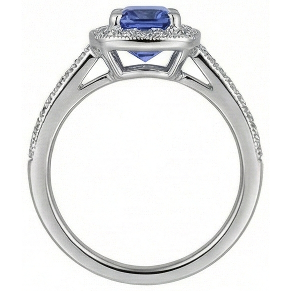 Anello Cuscino Tanzanite Diamanti Naturali Autentici ( non creati in laboratorio ) 2 Carati Halo Oro Bianco 14K