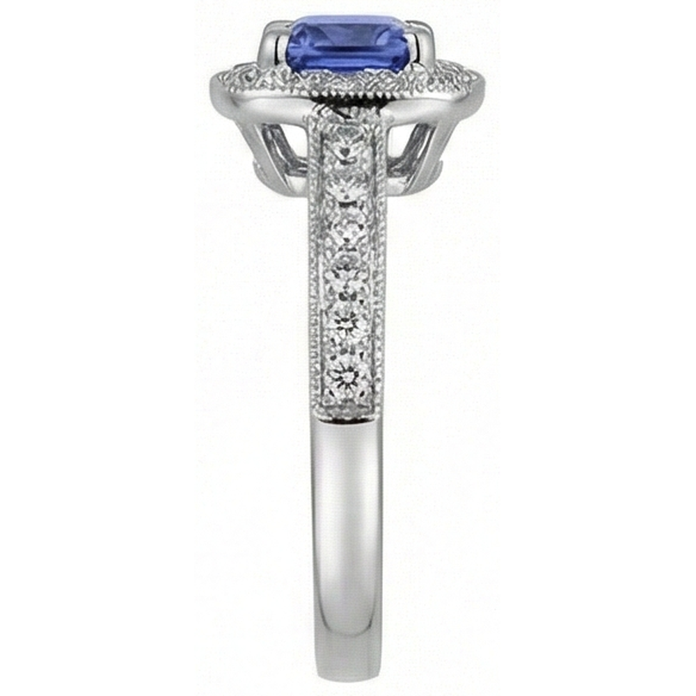 Anello Cuscino Tanzanite Diamanti Naturali Autentici ( non creati in laboratorio ) 2 Carati Halo Oro Bianco 14K