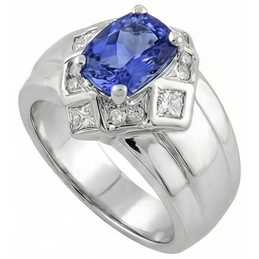 Anello Cuscino Tanzanite Diamanti Naturali Autentici ( non creati in laboratorio ) 5 Carati Oro Bianco 14K