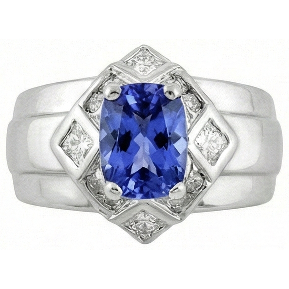 Anello Cuscino Tanzanite Diamanti Naturali Autentici ( non creati in laboratorio ) 5 Carati Oro Bianco 14K