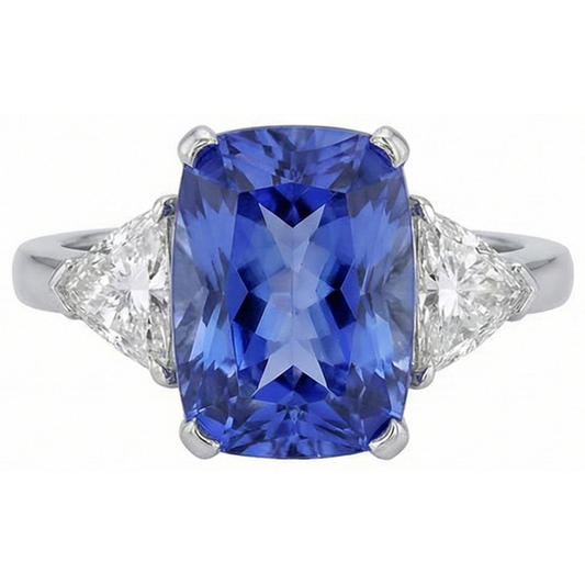Anello Cuscino Tanzanite E Diamanti Naturali Autentici ( non creati in laboratorio ) 3 Pietre Oro Bianco 5 Carati