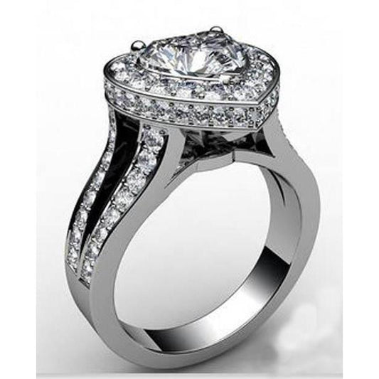Anello Da Sposa Con Gambo Diviso In Oro Bianco Con Cuore E Genuino Diamante Rotondo Da 6.50 Ct