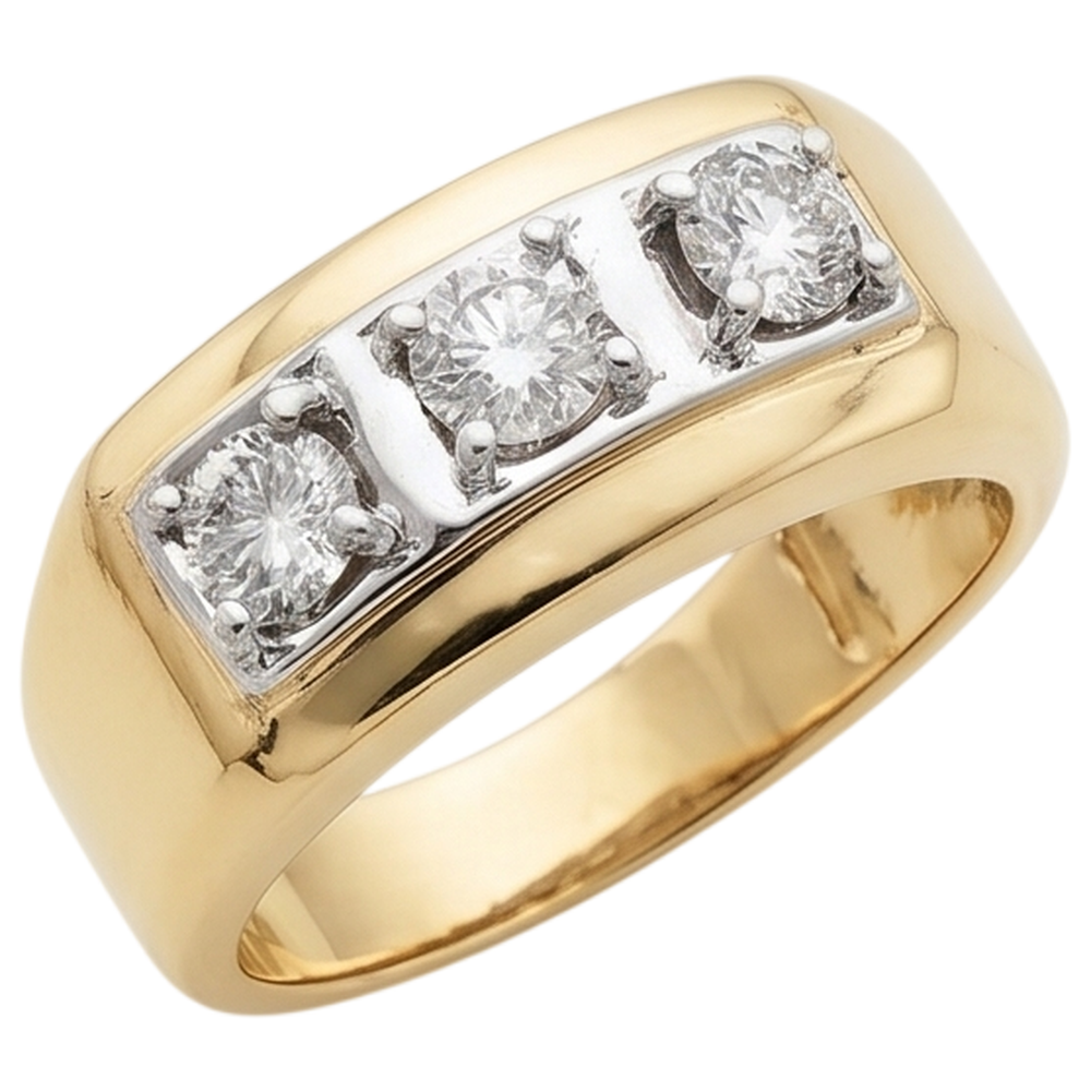 Anello Da Uomo Con Genuino Diamanti Naturali Autentici ( non creati in laboratorio ) Da 0,75 Carati A Tre Pietre 14K Bicolore Nuovo