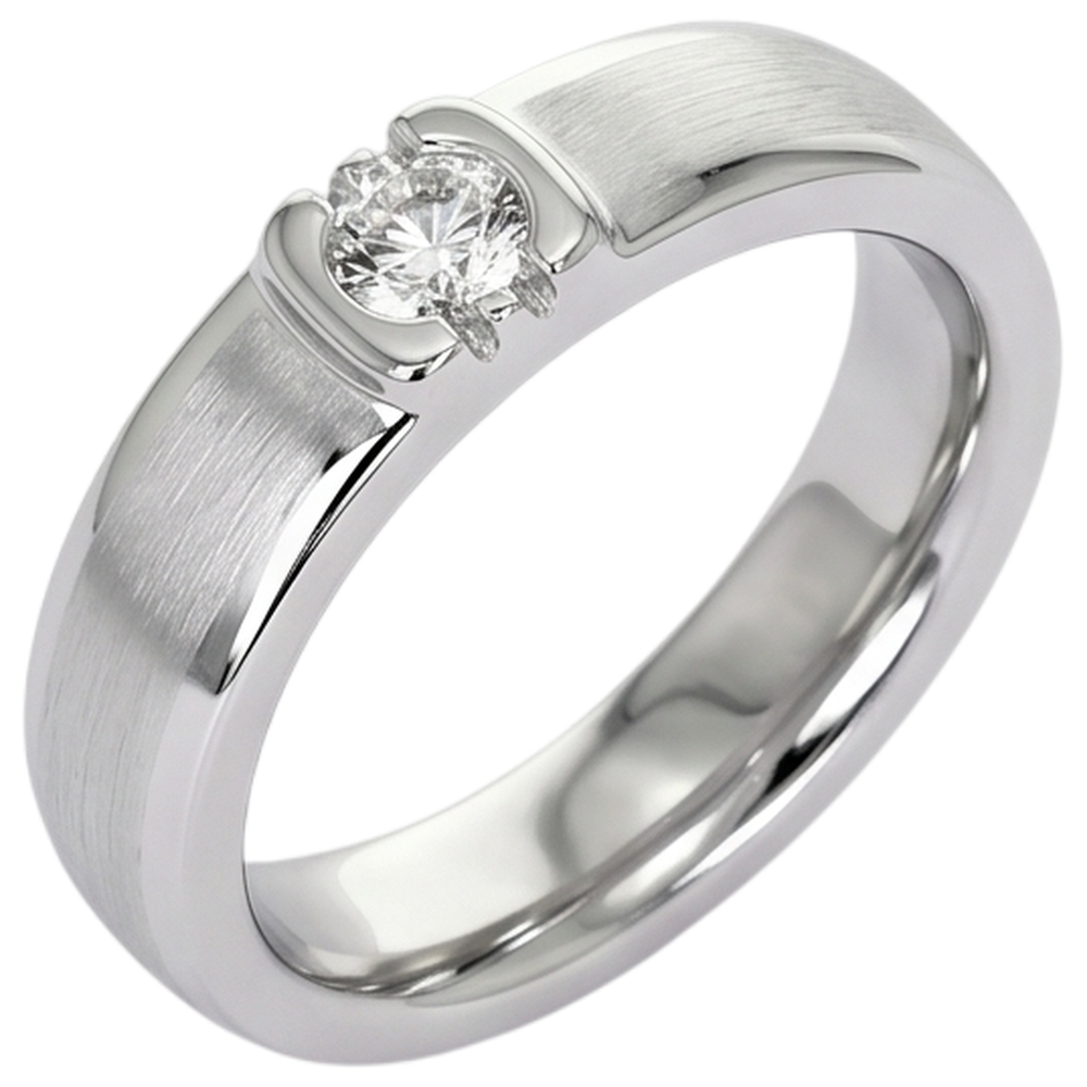Anello Da Uomo Con Naturale Diamante Rotondo Con Finitura Spazzolata. Oro Bianco 14K 0.50 Carati