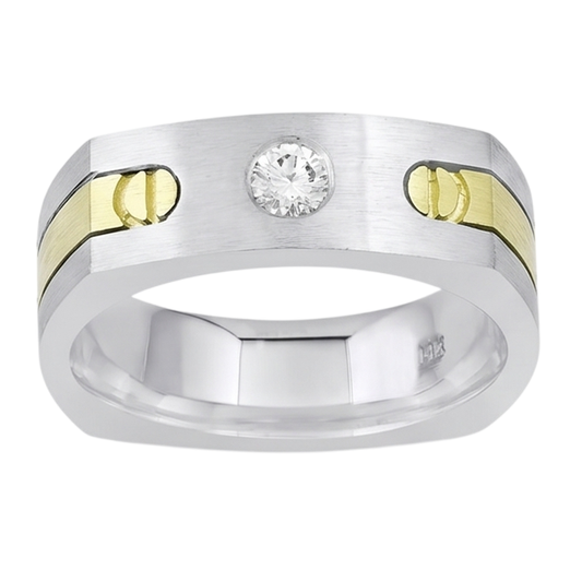 Anello Da Uomo Solitario Euro Shank Con Vero Diamante Naturale Autentico ( non creato in laboratorio ) Tondo Da 0,40 Carati In Oro Bicolore 14K