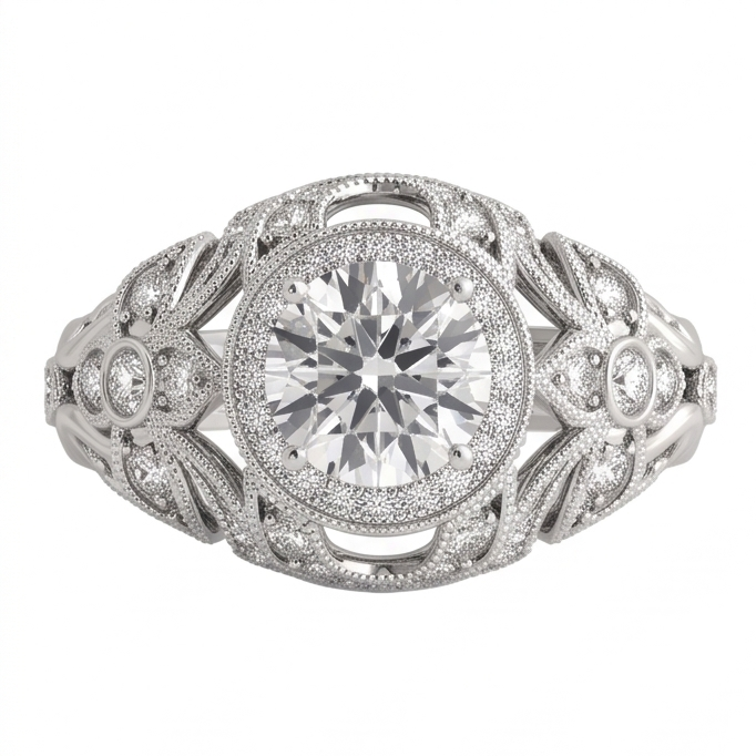 Anello Di Fidanzamento Anniversario Di Fidanzamento Con Naturale Diamante Naturale Autentico ( non creato in laboratorio ) Rotondo Stile Vintage 2.0 Ct. WG 14K