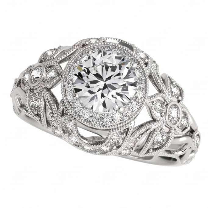 Anello Di Fidanzamento Anniversario Di Fidanzamento Con Naturale Diamante Naturale Autentico ( non creato in laboratorio ) Rotondo Stile Vintage 2.0 Ct. WG 14K