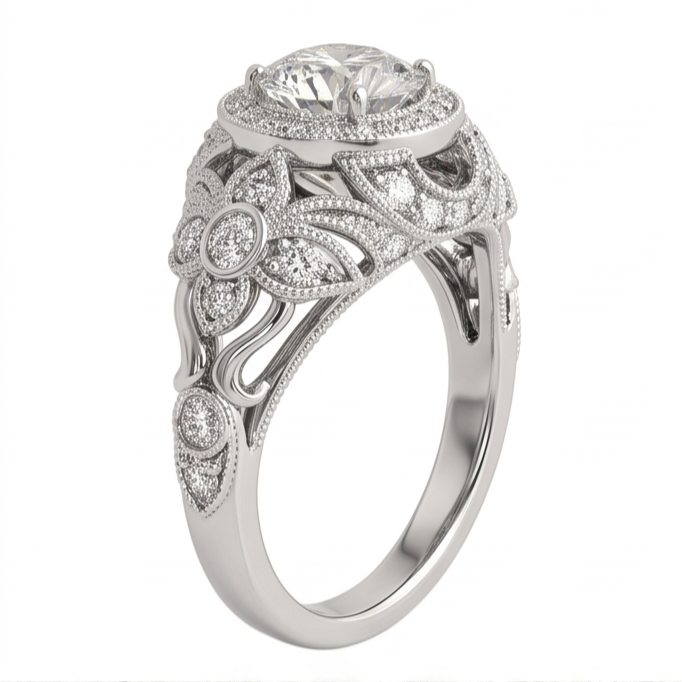 Anello Di Fidanzamento Anniversario Di Fidanzamento Con Naturale Diamante Naturale Autentico ( non creato in laboratorio ) Rotondo Stile Vintage 2.0 Ct. WG 14K