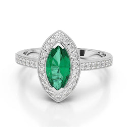 Anello Di Fidanzamento Con Diamanti E Verde Smeraldo Marchese 3 Carati In Oro Bianco 14K