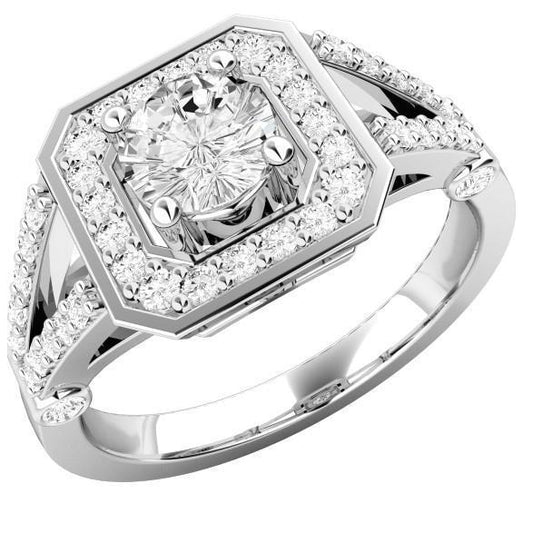 Anello Di Fidanzamento Con Gambo Diviso Con Vero Diamante Halo Da 4.15 Carati In Oro Bianco 14K