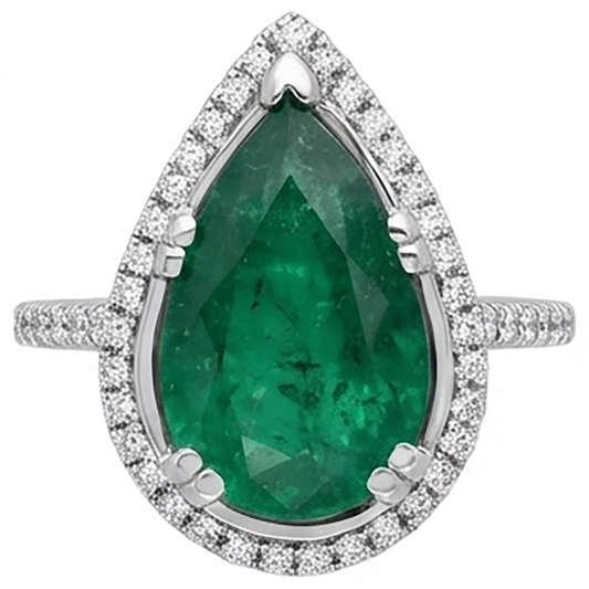 Anello Di Fidanzamento Con Gemma Verde Smeraldo Da 4,50 Carati E Diamante Naturale Autentico ( non creato in laboratorio ) In Oro Bianco 14K