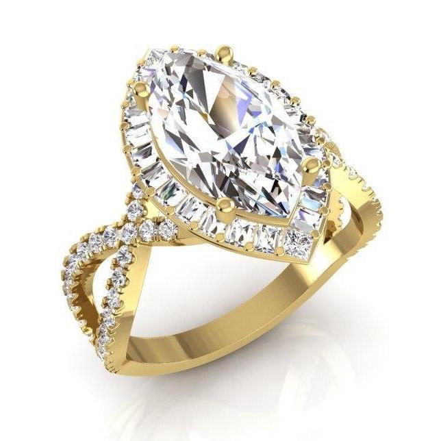 Anello Di Fidanzamento Con Genuino Diamante Halo 6 Carati Marquise Center In Oro Giallo 14K