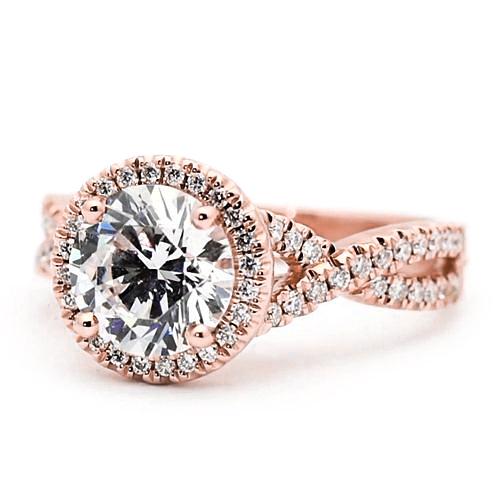 Anello Di Fidanzamento Con Genuino Diamante Rotondo Halo Da 2,50 Carati Accentato In Oro Rosa 14K