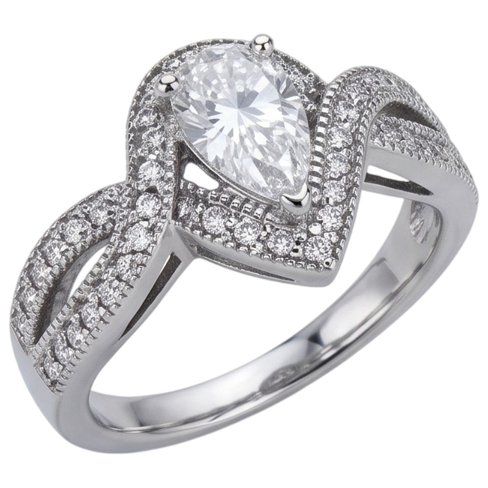 Anello Di Fidanzamento Con Naturale Diamante Naturale Autentico ( non creato in laboratorio ) A Pera 1.25 Carati Con Gambo Intrecciato Accento WG 14K