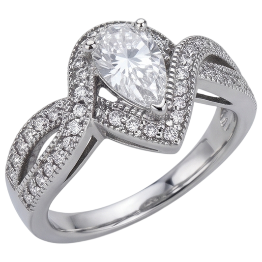 Anello Di Fidanzamento Con Naturale Diamante Naturale Autentico ( non creato in laboratorio ) A Pera 1.25 Carati Con Gambo Intrecciato Accento WG 14K