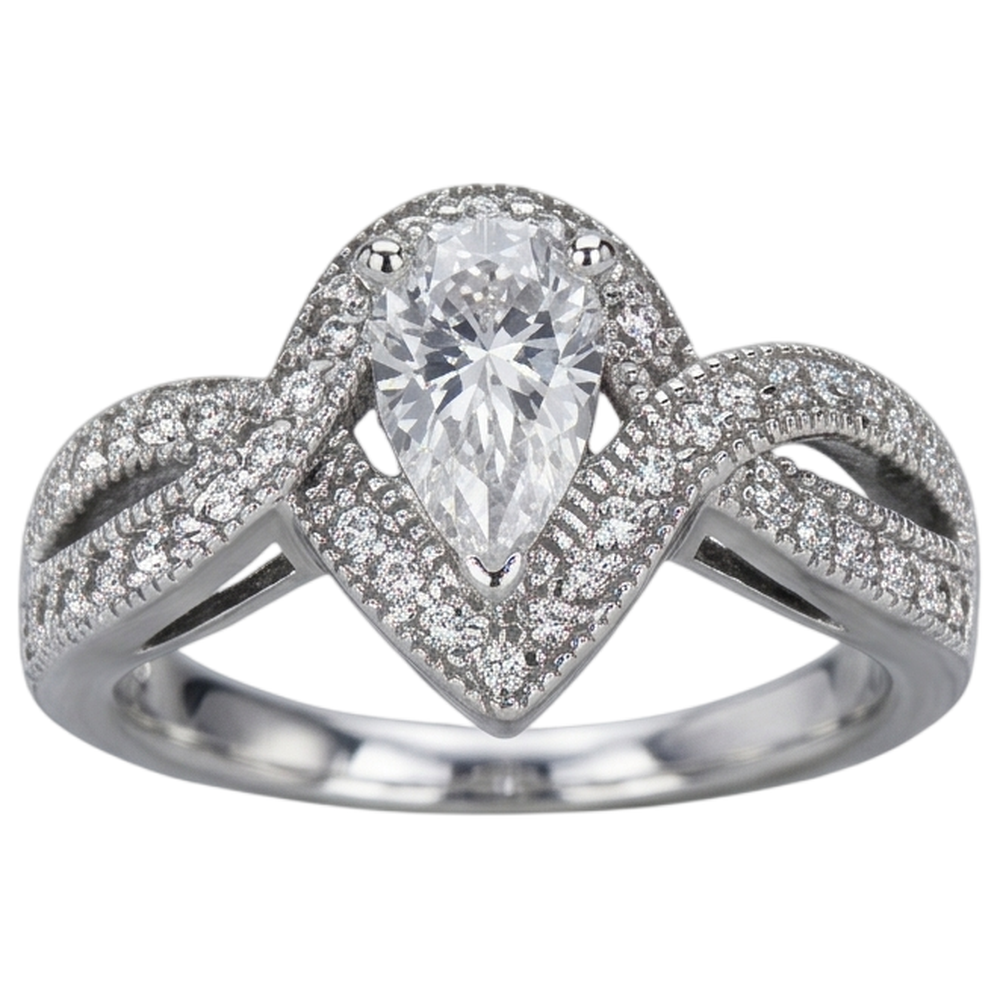 Anello Di Fidanzamento Con Naturale Diamante Naturale Autentico ( non creato in laboratorio ) A Pera 1.25 Carati Con Gambo Intrecciato Accento WG 14K