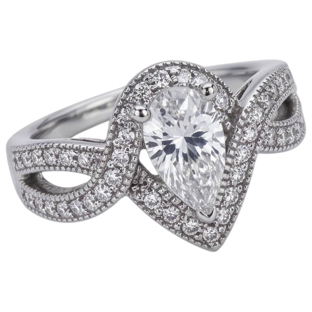 Anello Di Fidanzamento Con Naturale Diamante Naturale Autentico ( non creato in laboratorio ) A Pera 1.25 Carati Con Gambo Intrecciato Accento WG 14K