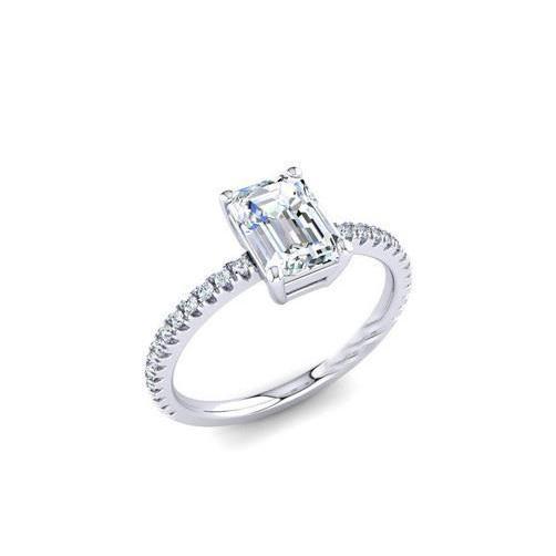 Anello Di Fidanzamento Con Smeraldo E Genuino Diamante Rotondo Da 2.50 Carati In Oro Bianco 14k