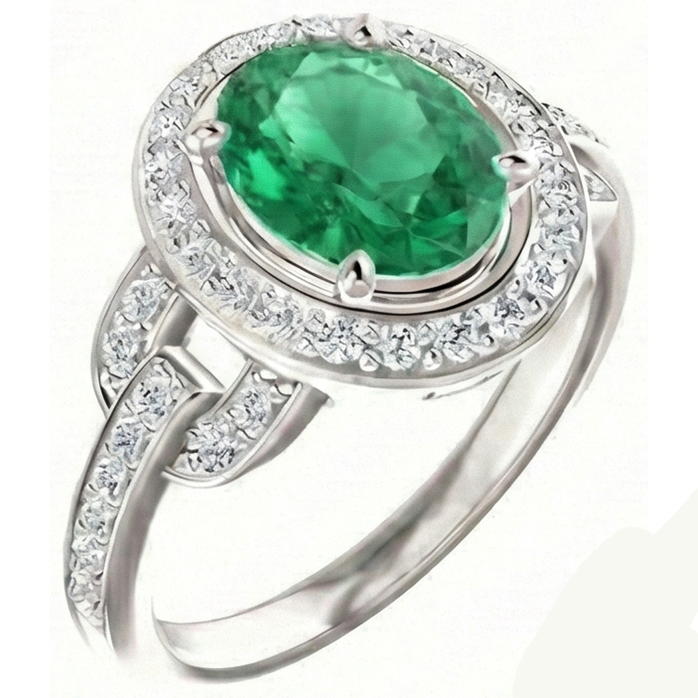 Anello Di Fidanzamento Con Verde Smeraldo E Diamanti Naturali Autentici ( non creati in laboratorio ) 4.85 Carati In Oro Bianco 14K