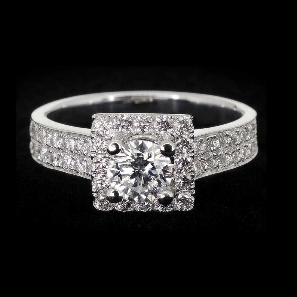 Anello Di Fidanzamento Con Vero Diamante Rotondo Da 3 Carati Con Montatura A Pavé. Oro Bianco 14K