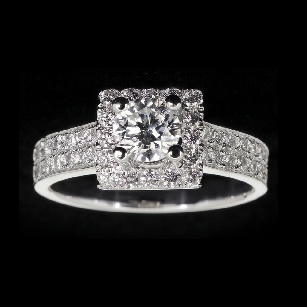 Anello Di Fidanzamento Con Vero Diamante Rotondo Da 3 Carati Con Montatura A Pavé. Oro Bianco 14K