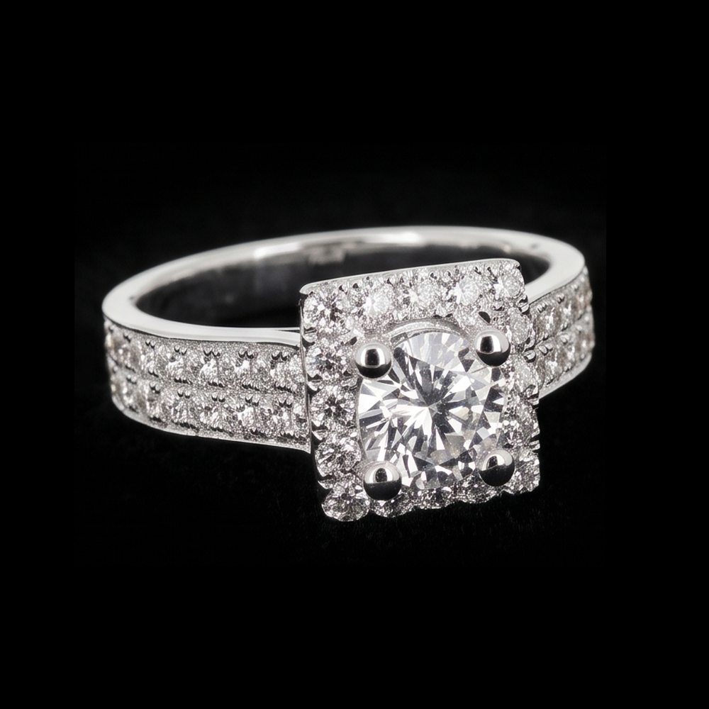 Anello Di Fidanzamento Con Vero Diamante Rotondo Da 3 Carati Con Montatura A Pavé. Oro Bianco 14K
