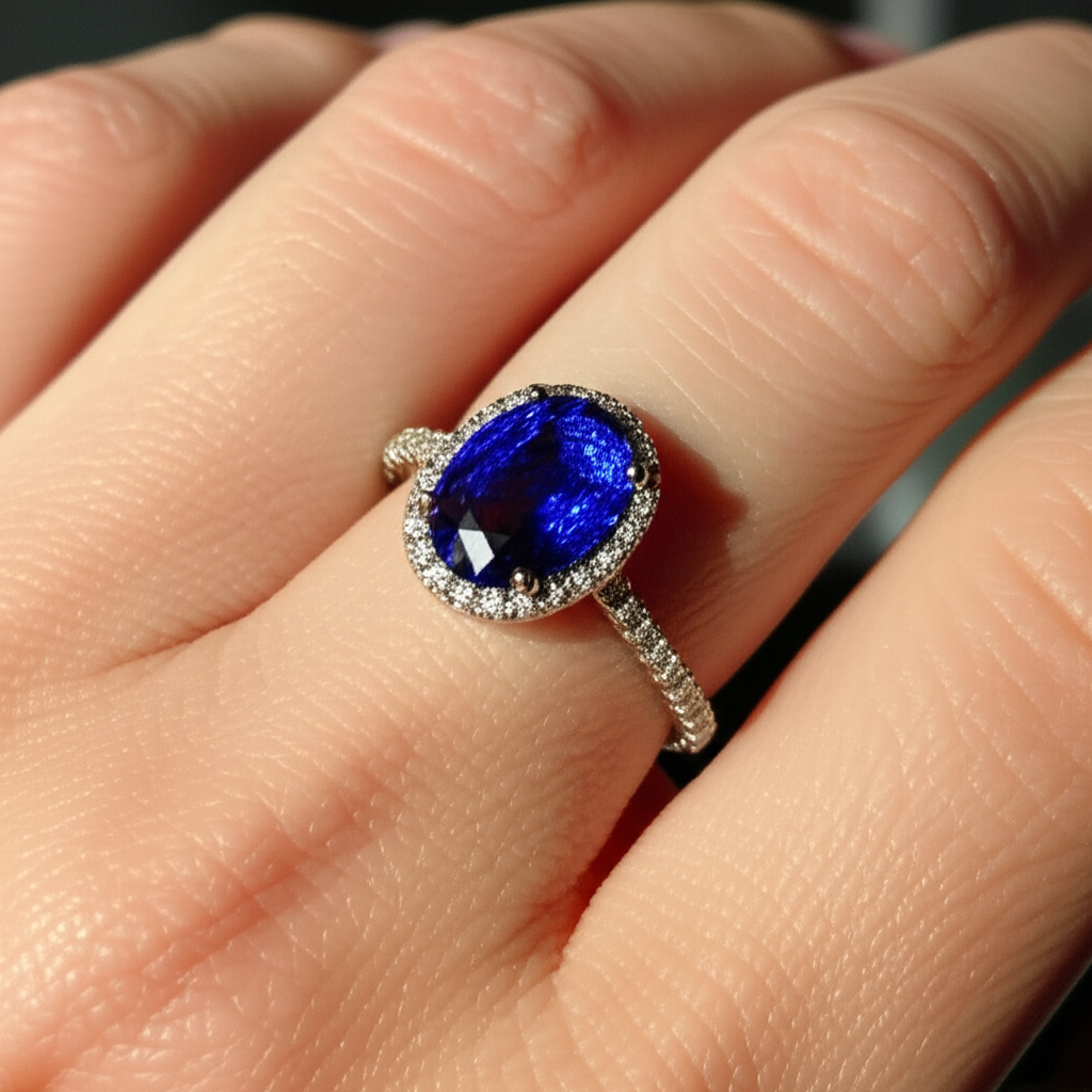 Anello Di Fidanzamento Con Zaffiro Con Alone Di Diamante