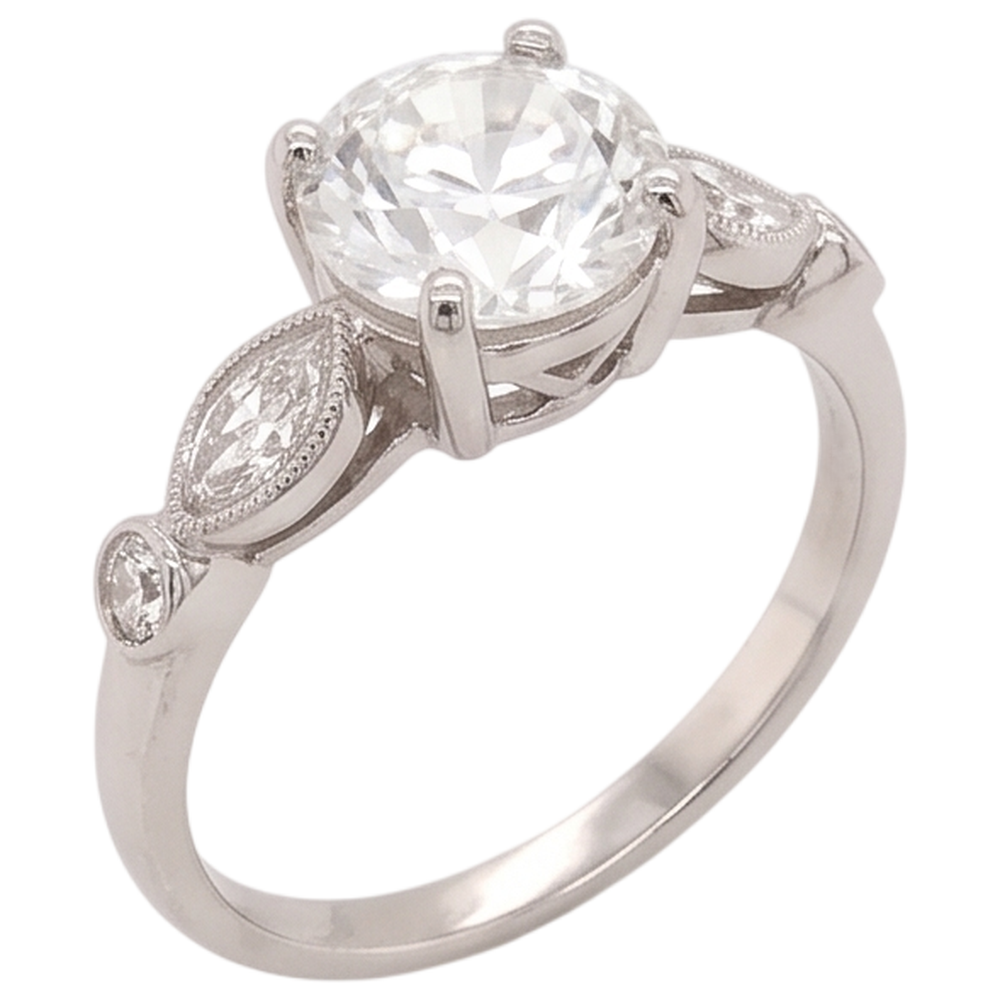 Anello Di Fidanzamento Genuino Diamante 2.25 Carati Accentato Rotondo E Taglio Marquise