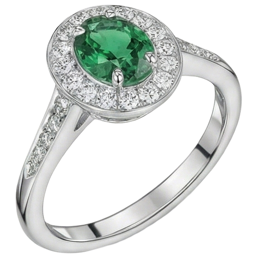 Anello Di Fidanzamento In Oro Bianco 14 Carati Con Verde Smeraldo E Diamanti Da 3.75 Carati Nuovo