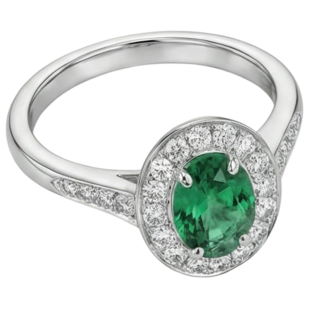 Anello Di Fidanzamento In Oro Bianco 14 Carati Con Verde Smeraldo E Diamanti Da 3.75 Carati Nuovo