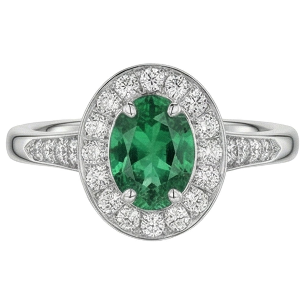 Anello Di Fidanzamento In Oro Bianco 14 Carati Con Verde Smeraldo E Diamanti Da 3.75 Carati Nuovo