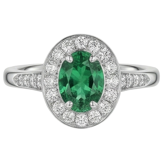Anello Di Fidanzamento In Oro Bianco 14 Carati Con Verde Smeraldo E Diamanti Da 3.75 Carati Nuovo