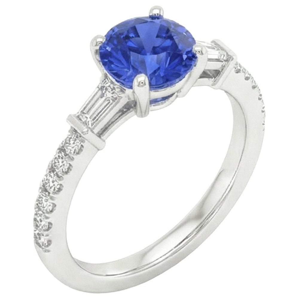 Anello Di Fidanzamento In Oro Con Diamante Zaffiro Blu Con Baguette 3 Carati
