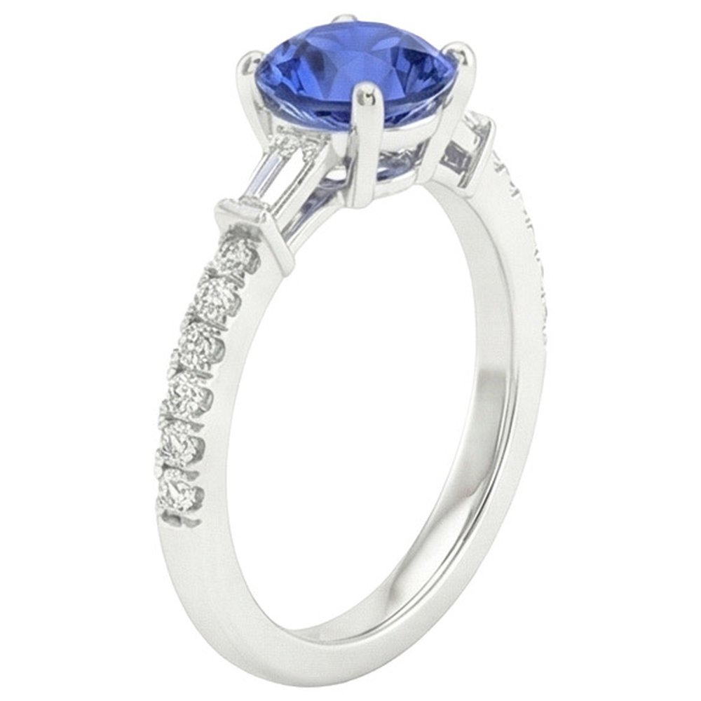 Anello Di Fidanzamento In Oro Con Diamante Zaffiro Blu Con Baguette 3 Carati