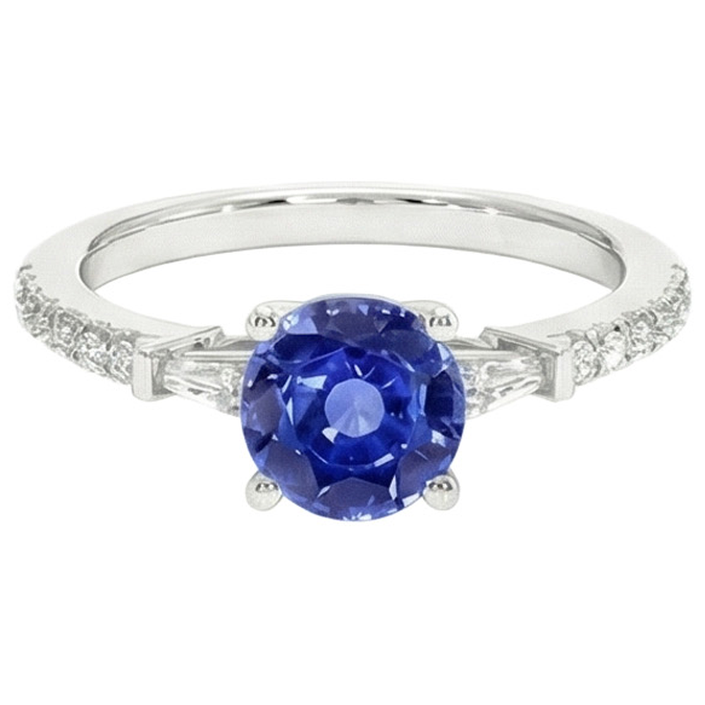 Anello Di Fidanzamento In Oro Con Diamante Zaffiro Blu Con Baguette 3 Carati