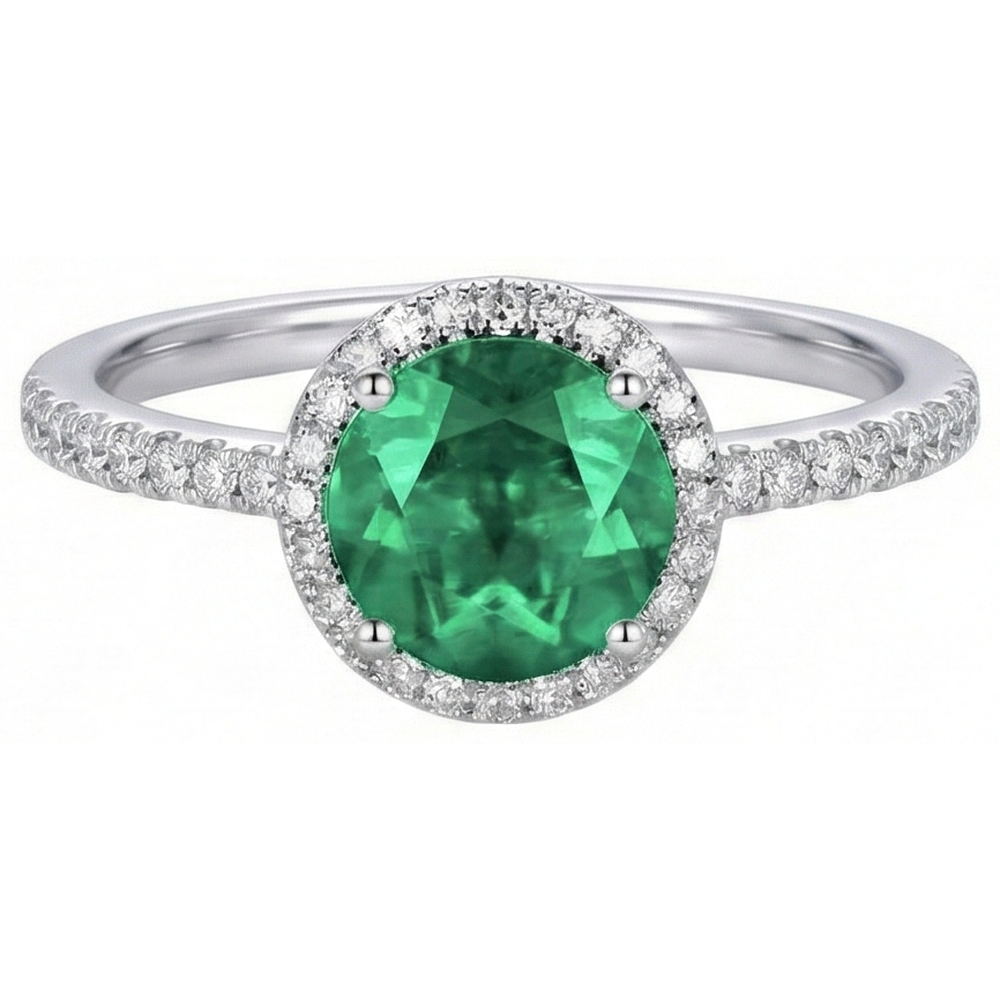 Anello Di Fidanzamento Verde Smeraldo Taglio Rotondo Diamante Naturale Autentico ( non creato in laboratorio ) Oro Bianco 14K 5 Ct